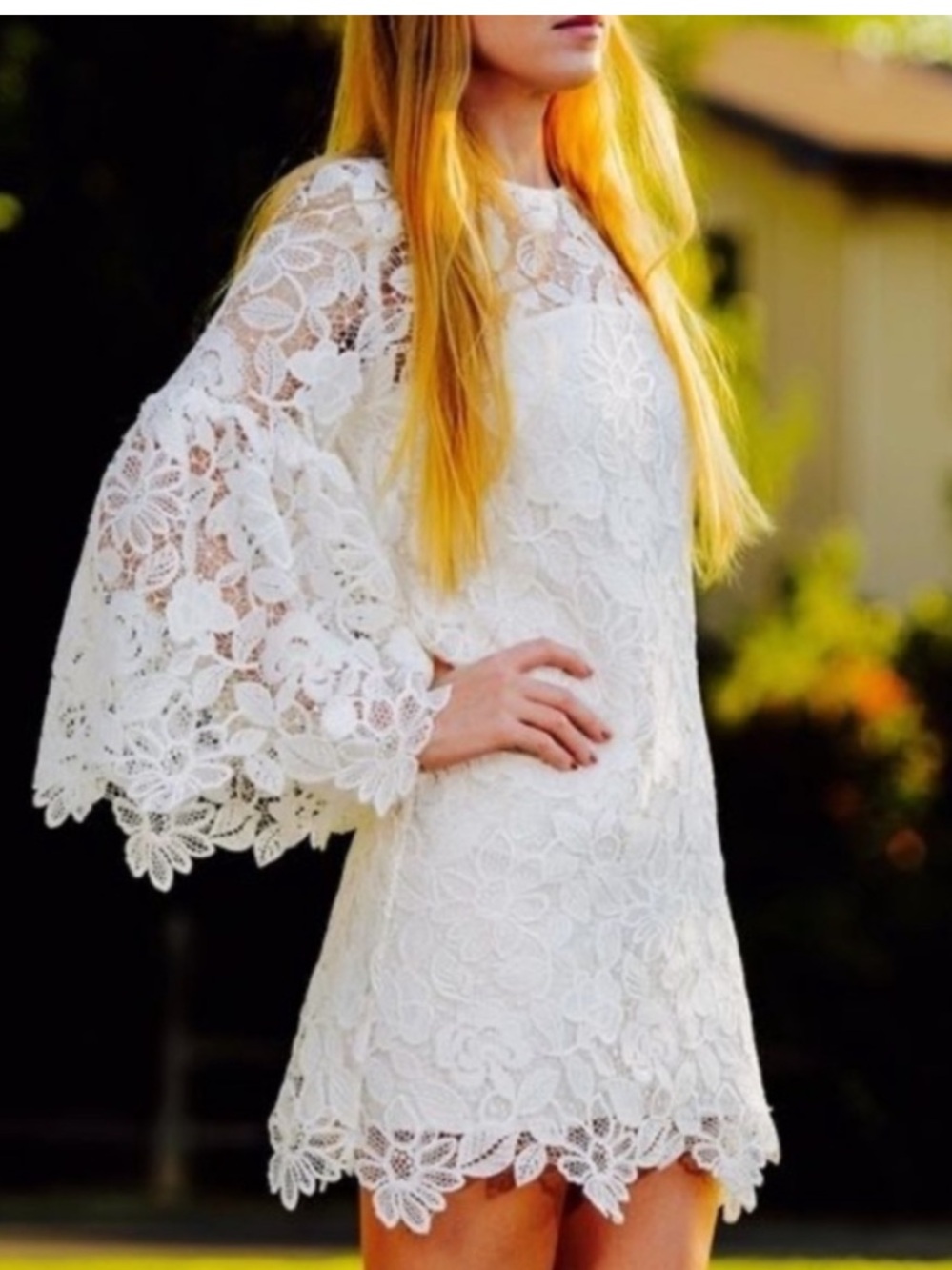 ALEXIS Carmel Mini White Cream Lace Ruffle
Floral Embroidered Crochet Dress